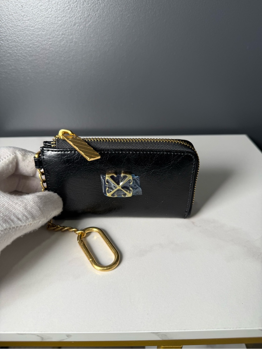 Off-White Black Leather Zip Key & Card Holder with Gold Hardware